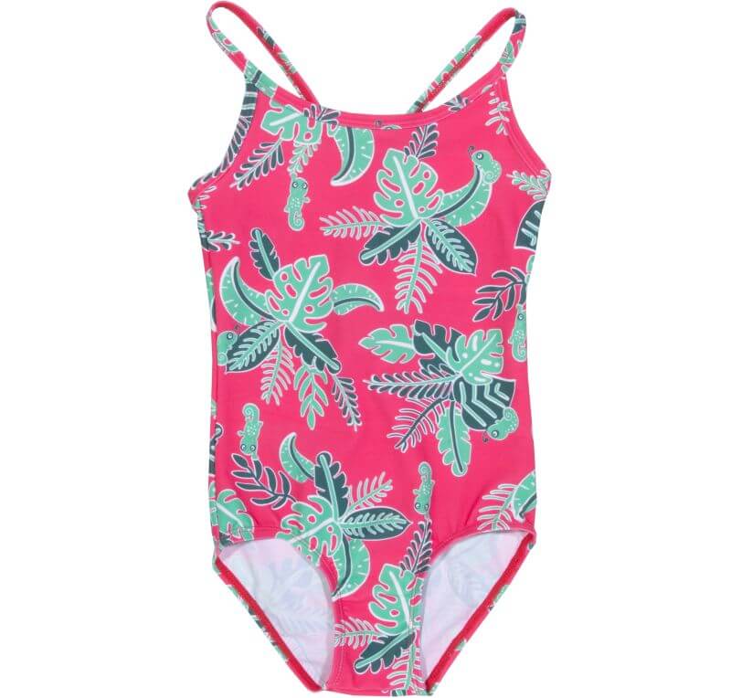 Pinkfarbener Badeanzug mit Blätter-Print